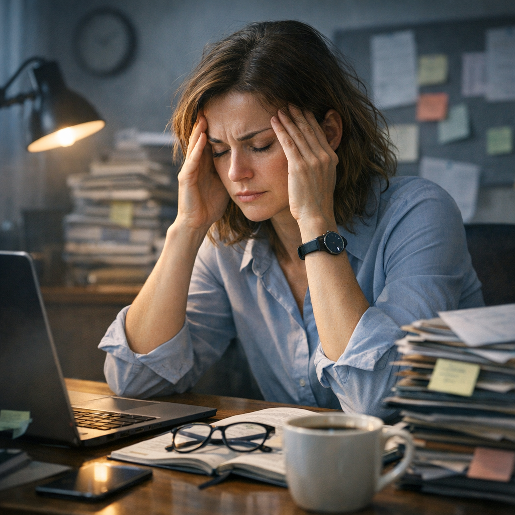 Illustration de l’épuisement professionnel : femme épuisée à son bureau face à une surcharge de travail
