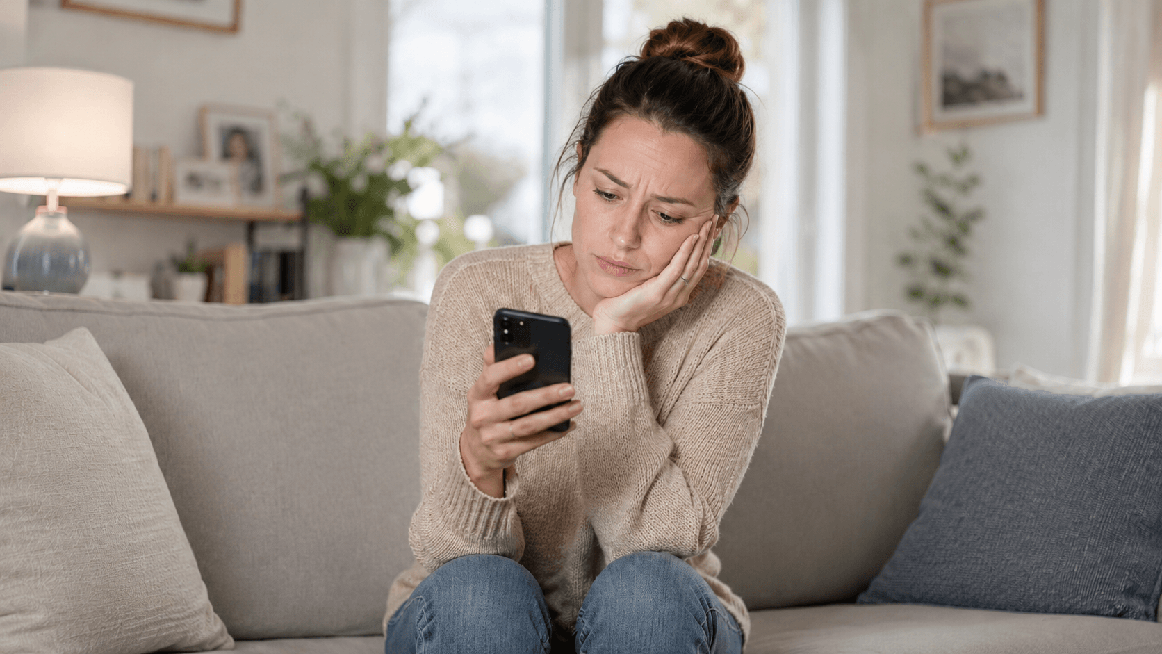 Personne pensive regardant son téléphone, illustrant l'attachement anxieux