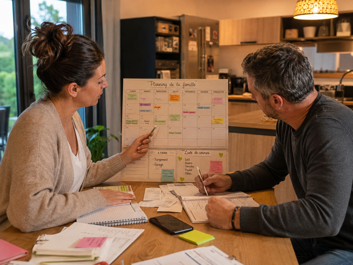 Couple attablé devant un calendrier familial, illustrant la répartition de la charge mentale