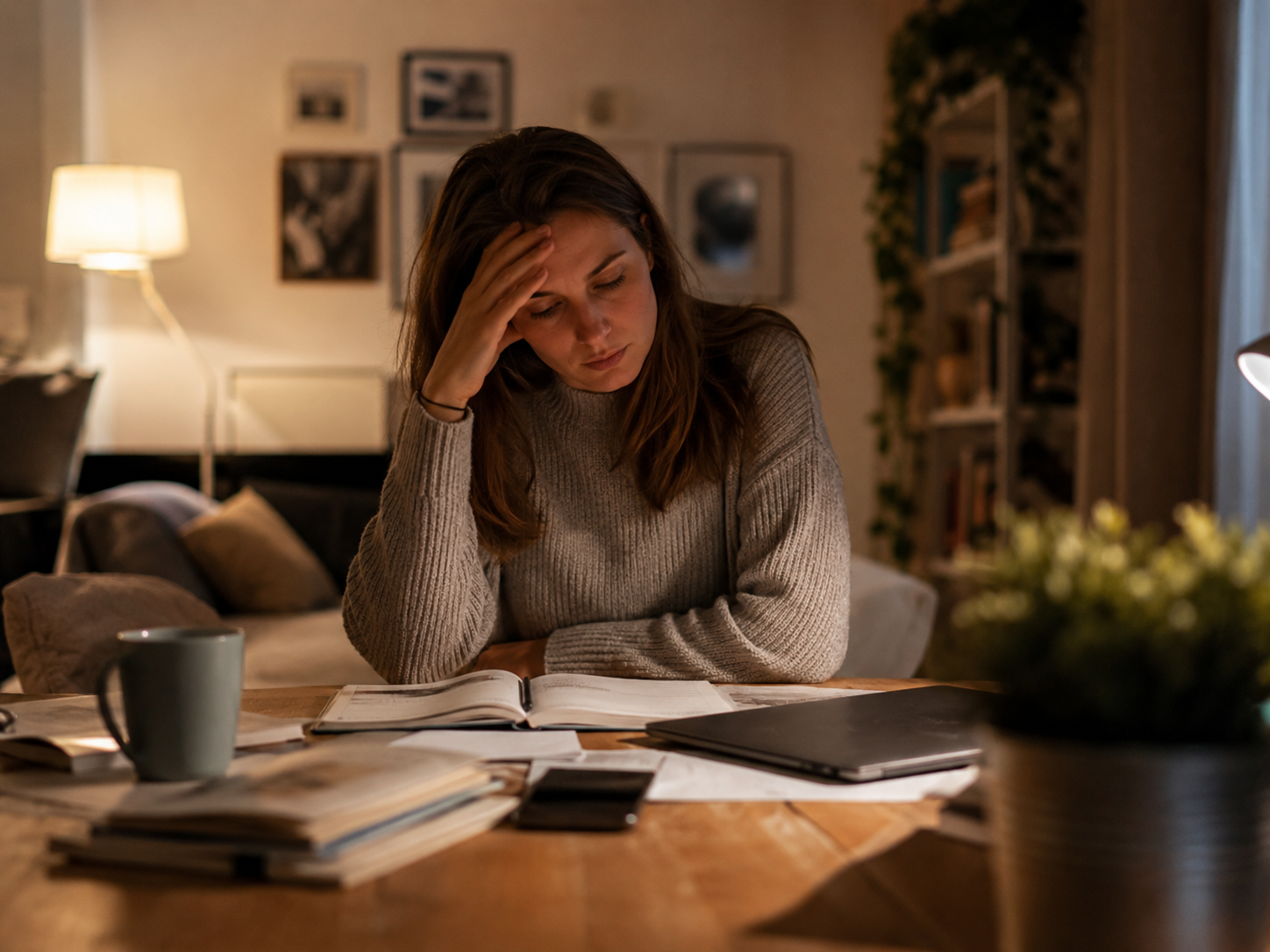 Personne le soir chez elle, regard absorbé, ordinateur fermé mais esprit au travail, illustrant la charge mentale professionnelle