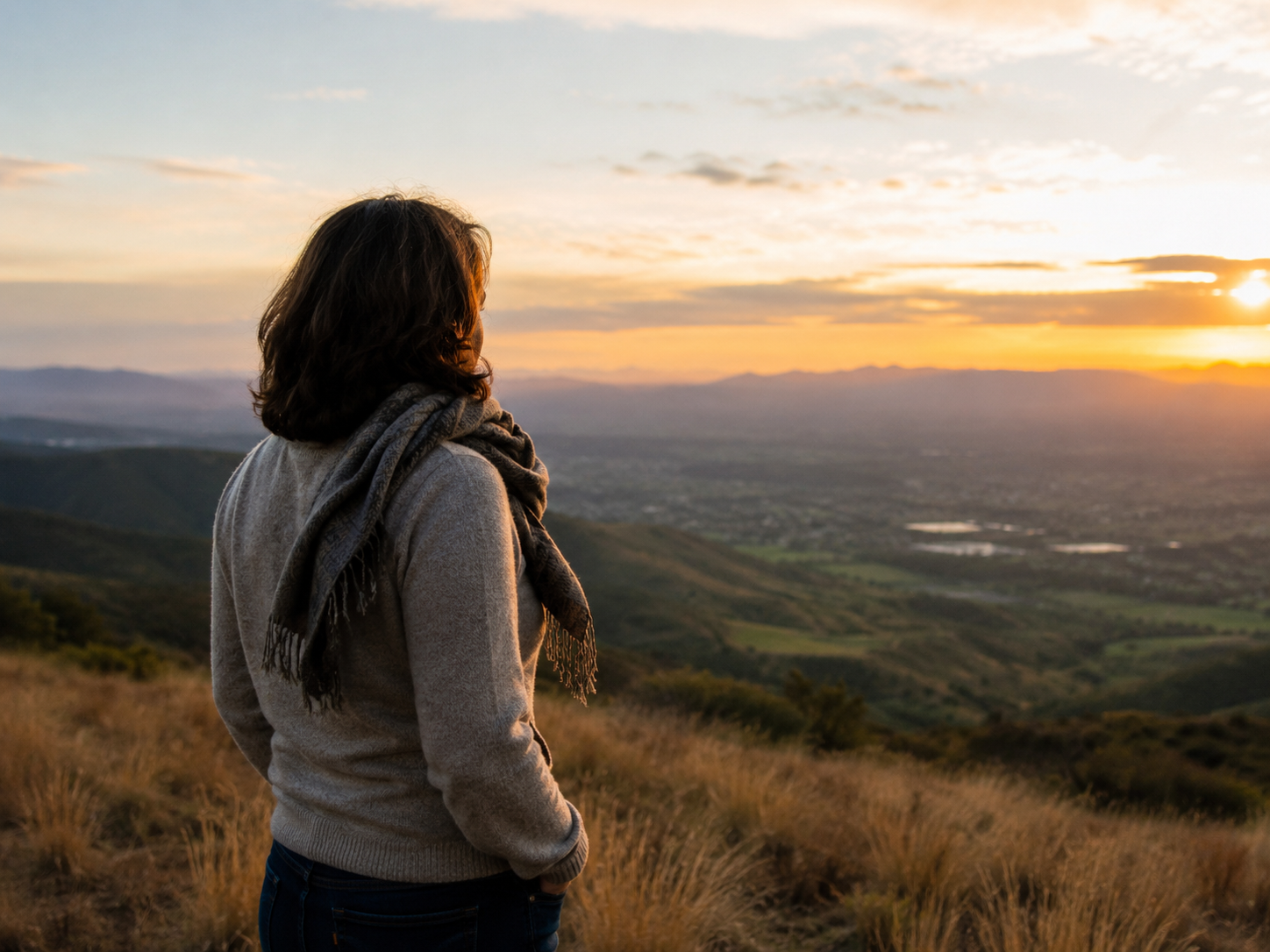 Personne de quarante ans regardant l'horizon depuis une colline, illustrant le passage du milieu de vie