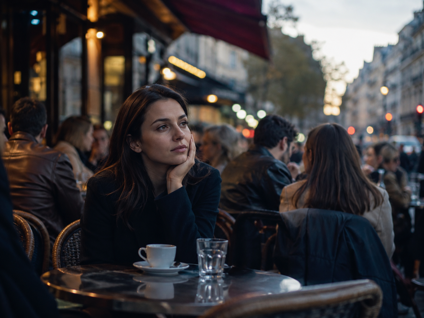 Personne à une terrasse animée, regard au loin, illustrant le sentiment de solitude
