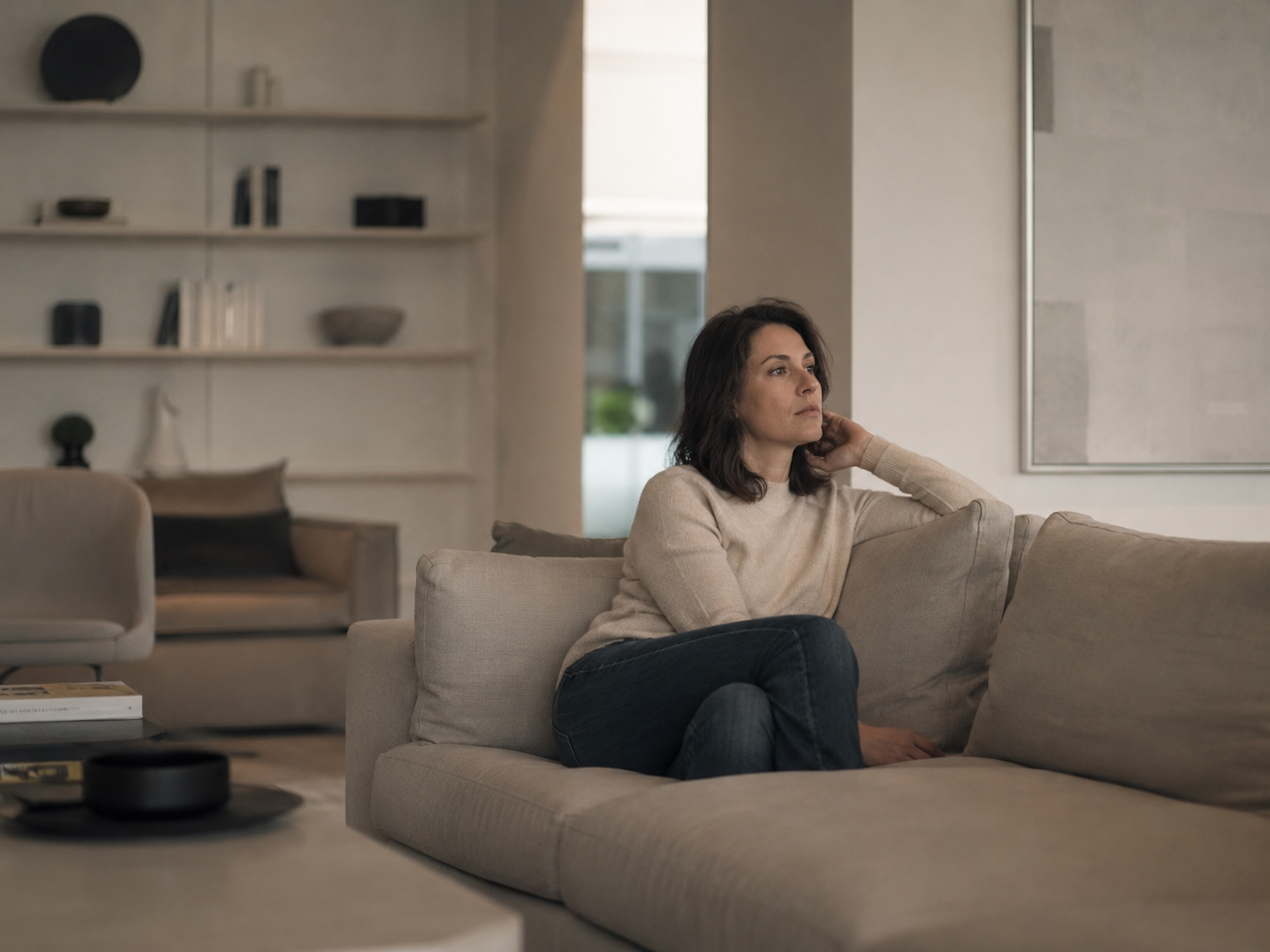 Personne assise dans un salon impeccable et silencieux, regard absent, illustrant le sentiment de vide intérieur