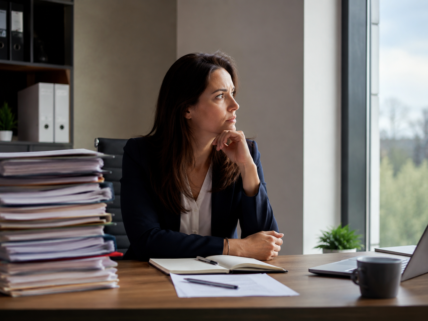 Personne à son bureau entre une pile de dossiers et une fenêtre, illustrant la distinction entre stress et anxiété