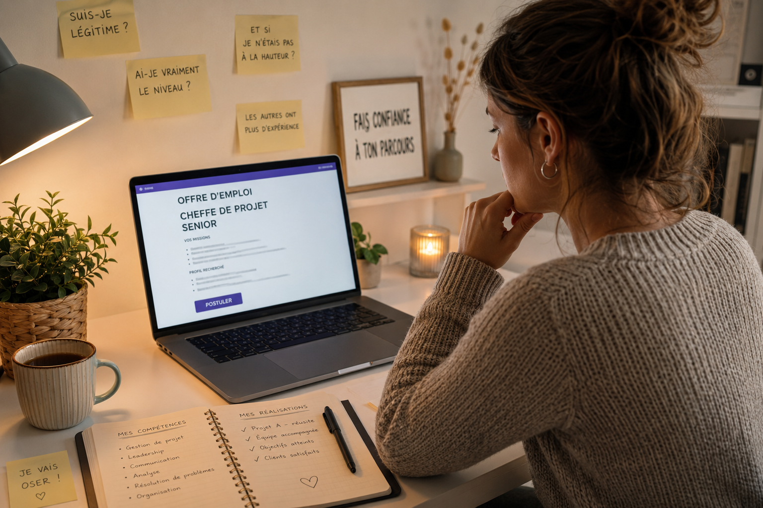 Femme devant une offre de poste à l'écran, hésitant à candidater, illustrant le syndrome de l'imposteur au féminin