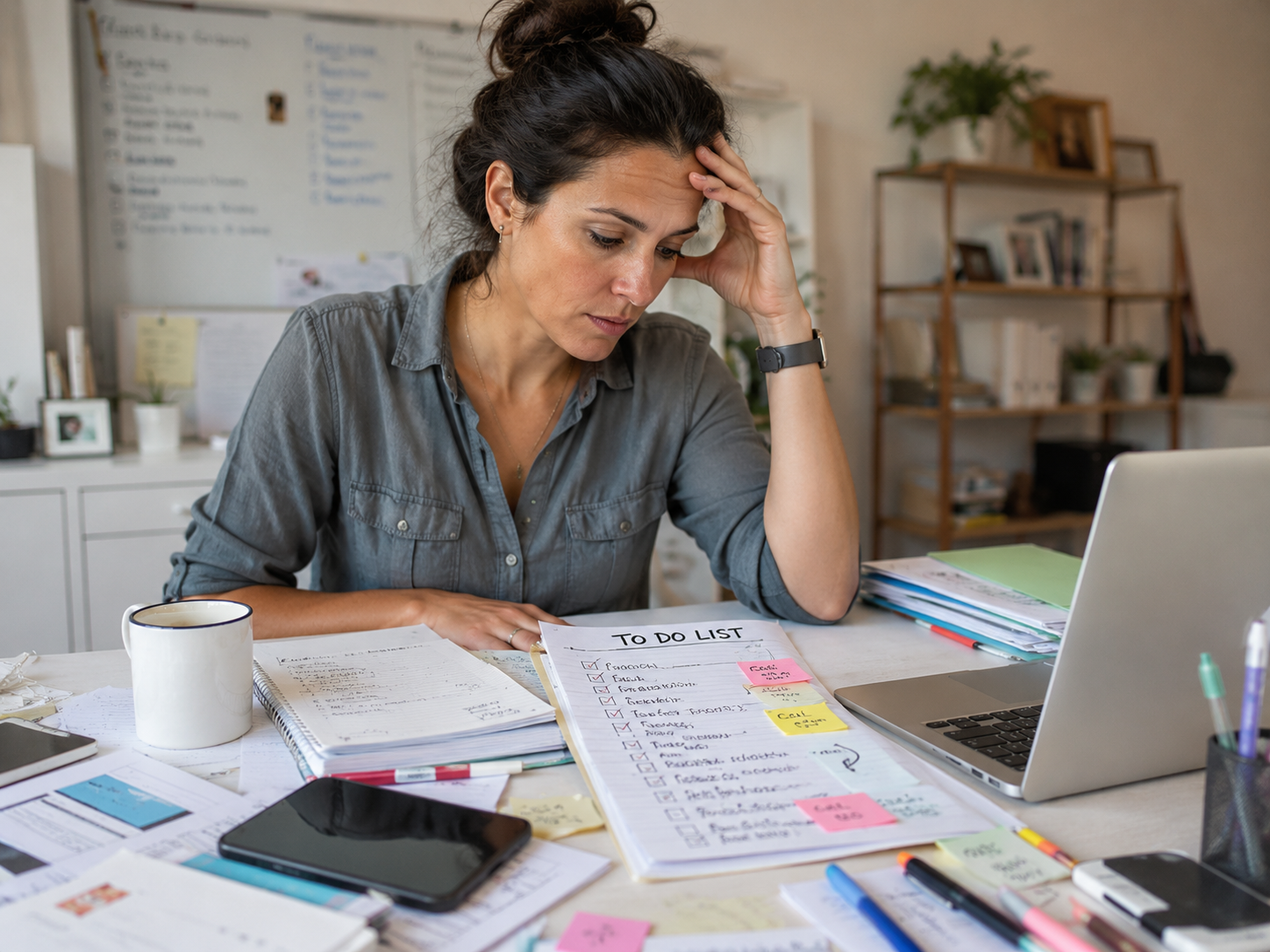 Femme pensive devant une liste de tâches, illustrant le TDAH chez la femme adulte