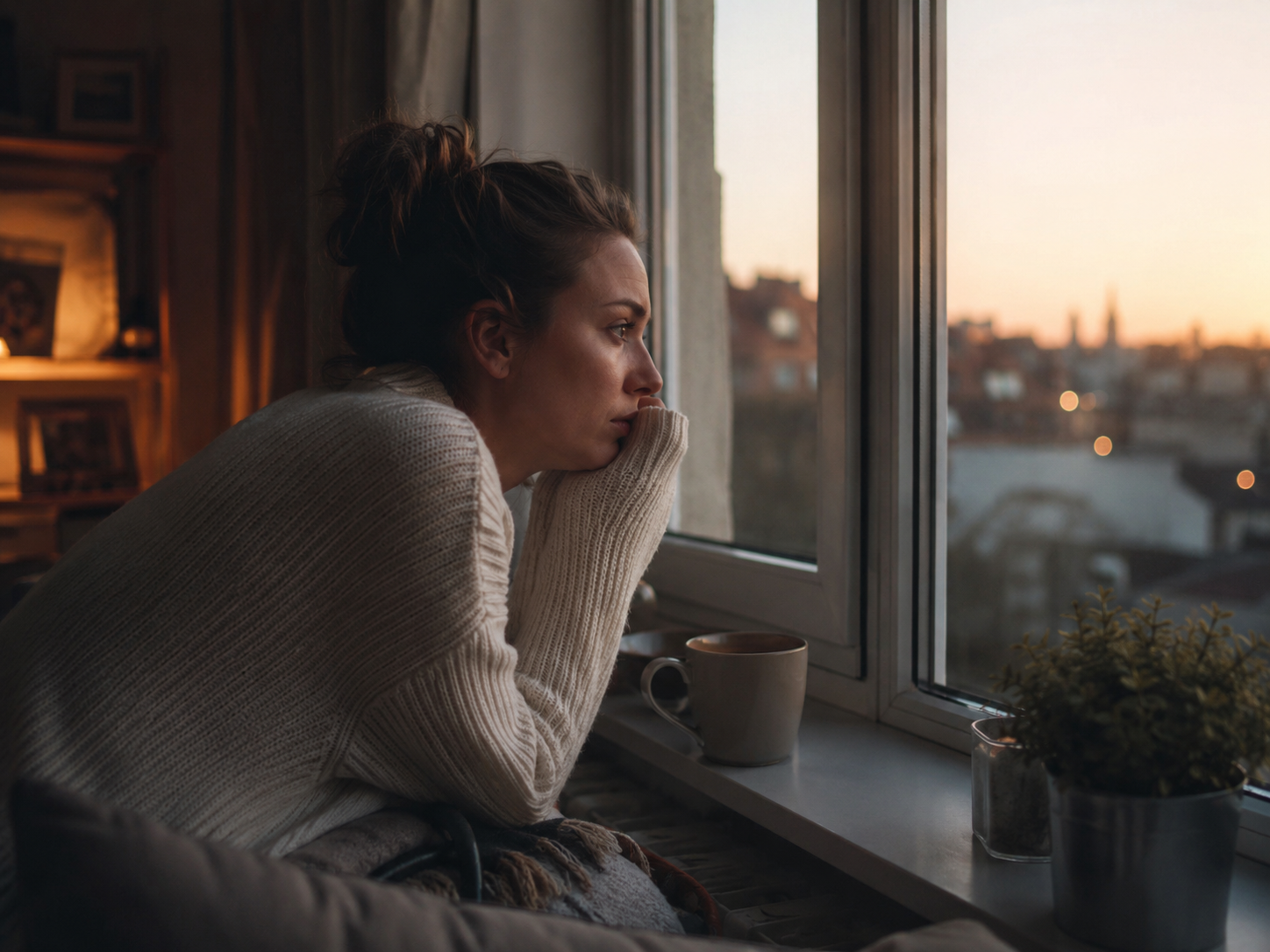 Personne à sa fenêtre au petit matin, l'air préoccupé, illustrant l'anxiété