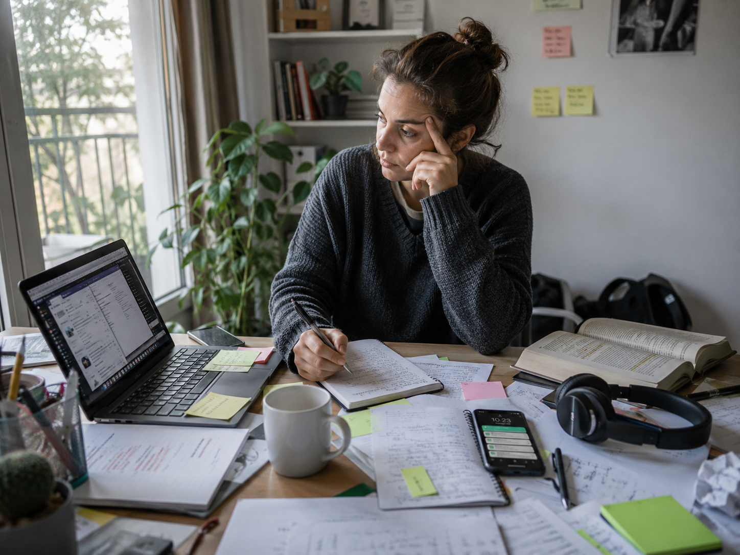 Adulte à son bureau, entouré de tâches commencées, illustrant le TDAH adulte